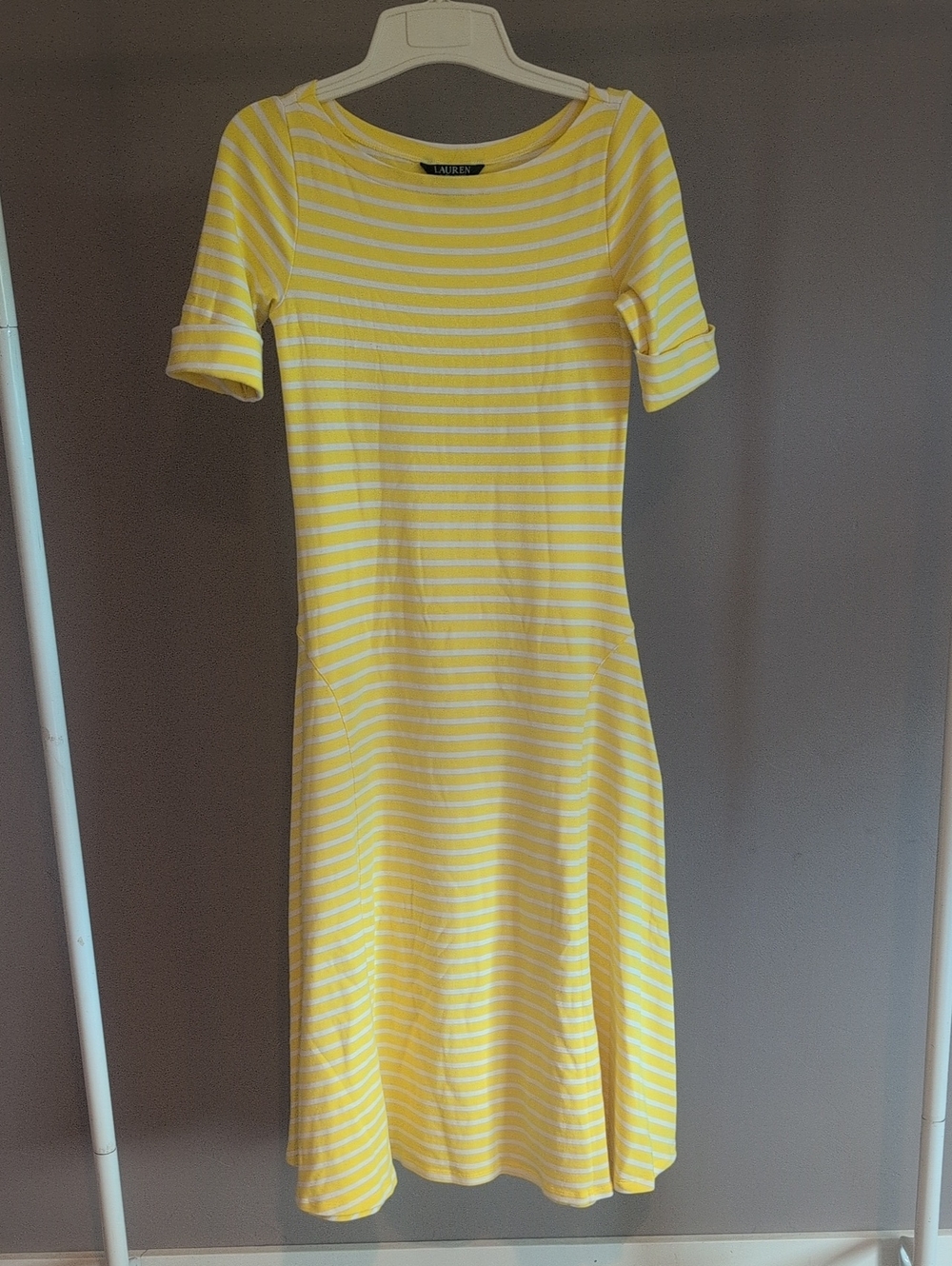 Ralph Lauren Yellow Striped Stretch Cotton Boat Neck Fit & Flare Midi Dress